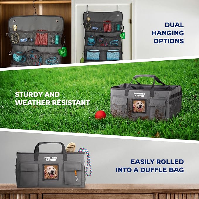 Panther Armor Dog Travel Bag- Hanging Dog Organizer & Pet Storage Tote Bag for Supplies, Waterproof Door Storage & Closet Organizer, Food & Treat Container for Travel Accessories