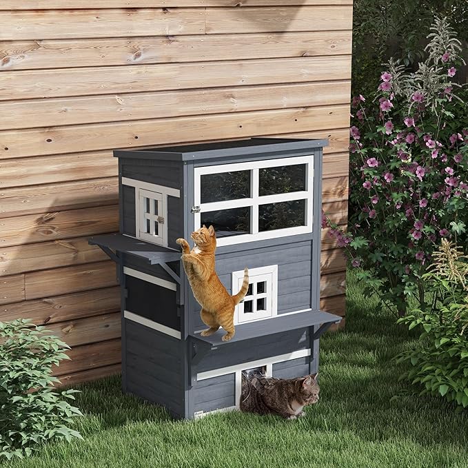 PawHut 3-Story Cat House Feral Cat Shelter, Outdoor Kitten Condo with Raised Floor, Asphalt Roof, Escape Doors, Jumping Platforms, Dark Gray