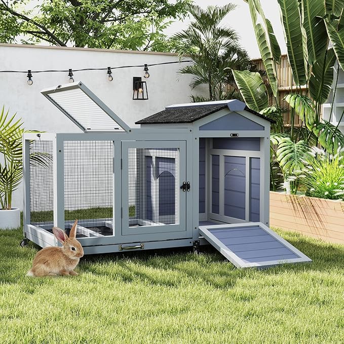 COZIWOW 39inches Fashion Wood Rabbit Hutch Indoor，Wide Space Small Animal Houses Habitats with Removable Tray&Safety Lock，Bunny Cage with Waterproof Roof&Solar Panels (Grey)