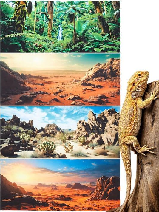 Breling 4 Pcs 36 x 18 Inch Reptile Habitat Background with Nano Glue Gobi Sun Cactus Stone and Green Tree Fern Stream Terrarium Background Polyester Durable Aquarium Accessories
