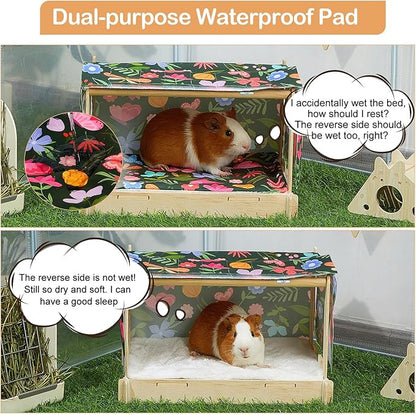 Guinea Pig Hideout, Wooden Guinea Pig Bed with Waterproof Mat, Durable Rabbit Bed with Door Curtain for Guinea Pig, Rabbit, Ferret, Squirrel, Bunny