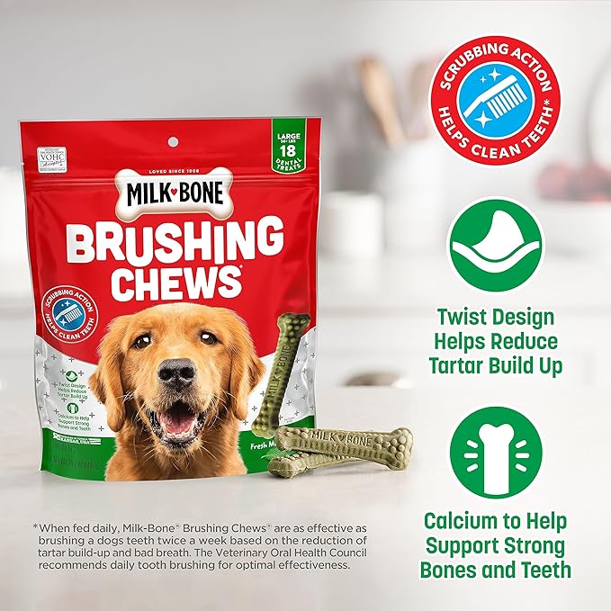 Milk-Bone Fresh Breath Brushing Chews, 18 Large Daily Dental Dog Treats Scrubbing Action Helps Clean Teeth