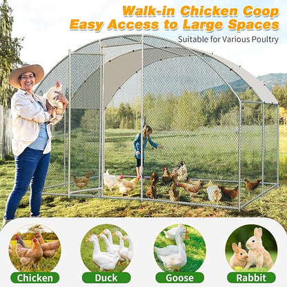 Outvita Large Metal Chicken Coop, 10×10FT Walk-in Poultry Cage with Waterproof & Anti-UV Round Arch Cover, Duck Rabbit Hen Cage Galvanized Mesh for Outdoor Yard Backyard and Farm