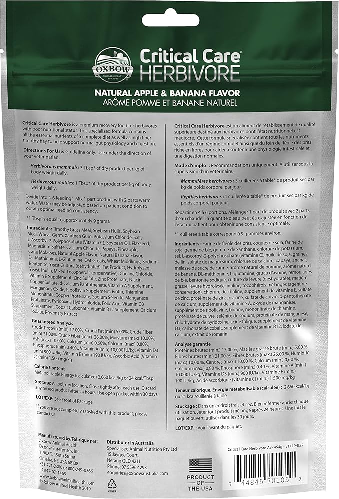 Oxbow Critical Care Herbivore, Emergency Rabbit & Guinea Pig Food, Natural Apple Banana Flavor, Veterinary Formula, Critical Care Herbivore, Assist Feeding Formula for Pets, 454 gram bag