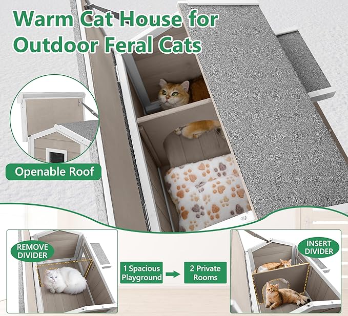 Cat House Outdoor Weatherproof Cat Shelter for Outside Ferals Cats with Waterproof Openable Roof & 8.3" Platform, Balcony Wooden Pet Houses for 1-3 Small Animals
