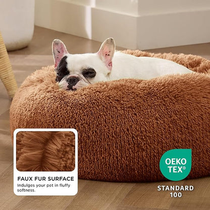 Bedsure Calming Dog Bed for Small Dogs - Donut Washable Small Pet Bed, 23 inches Anti-Slip Round Fluffy Plush Faux Fur Large Cat Bed, Fits up to 25 lbs Pets, Copper