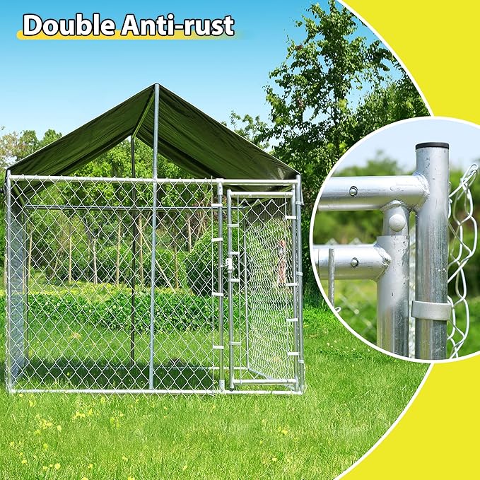 10'x10'x6.56' Large Outdoor Dog Kennel with Roof, Heavy Duty Outside Dog Run Enclosure Dog Pen House Pet Playpen with Galvanized Chain Link, Lockable Door, Waterproof Cover, for Small and Large Dogs