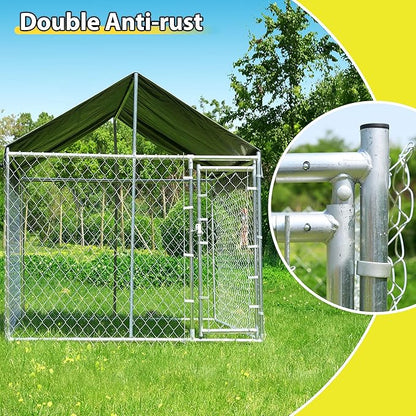 10'x10'x6.56' Large Outdoor Dog Kennel with Roof, Heavy Duty Outside Dog Run Enclosure Dog Pen House Pet Playpen with Galvanized Chain Link, Lockable Door, Waterproof Cover, for Small and Large Dogs