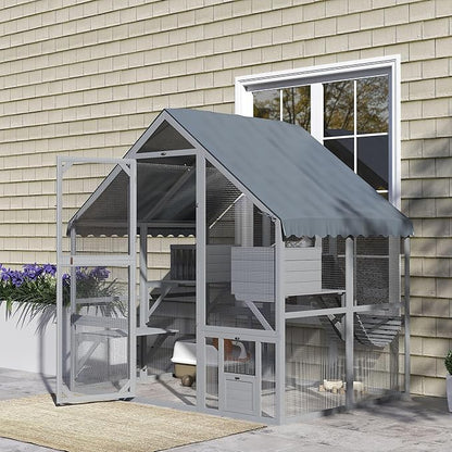 PawHut Large Catio Outdoor Cat Enclosure for Multiple Kittens, Wooden Cat House with Waterproof Cover, Walk in Kitty Cage Kennel with 2 Condos, 4 Platforms, Bridge, Doors, 73" x 55" x 74", Gray