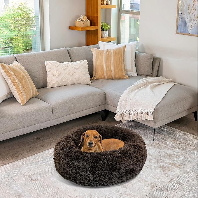 Best Friends by Sheri Original Calming Donut Dog and Cat Bed, Shag Faux Fur, Dark Brown, (23in x 23in) - Anxiety Relief for Pets Up to 25 lbs