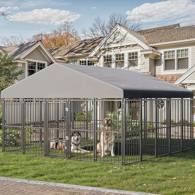 10X10FT Large Dog Kennel Outside with Feeding Door, Heavy Duty Dog Cage with Roof and Double Safety Locks, Outdoor Dog Enclosure for Pets
