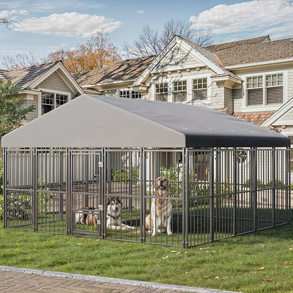 10X10FT Large Dog Kennel Outside with Feeding Door, Heavy Duty Dog Cage with Roof and Double Safety Locks, Outdoor Dog Enclosure for Pets