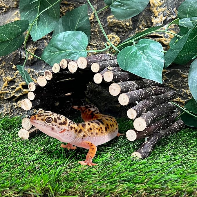 Hamiledyi 3pcs Wooden Reptile Hide Leopard Gecko Wood Hideout Bendable Climbing Tunnel Turtle Hut Snake Hiding Cave for Tortoise Lizard Frog Small Animals (11.8" x 5.9")