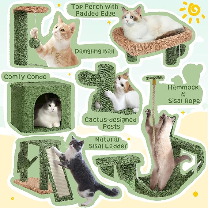 Yaheetech Cactus Cat Tree, 63″ H Multi-Level Cat Tower for Indoor Cats, Tall Climbing Tower with Sisal-Covered Scratching Posts & Condo, Pet Furniture Activity Center for Kitten