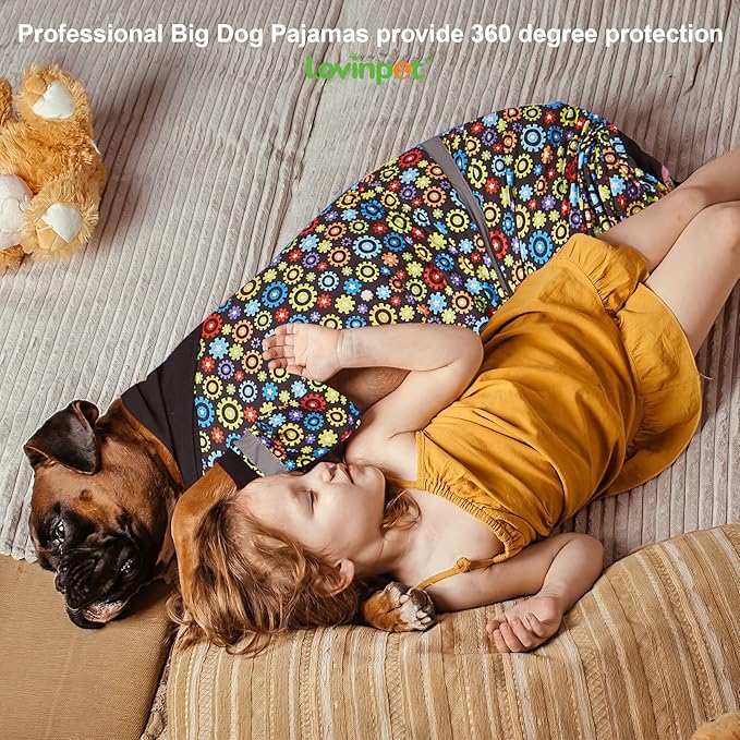 LovinPet Large Big Dog Onesies, Wound Care/Post Surgery Dog Shirt, Stop Shedding for Dogs, Pet Anxiety Relief Pajamas, PJ's for Dogs, Reflective Stripe, Gears and Black Print, Pet PJ's, M