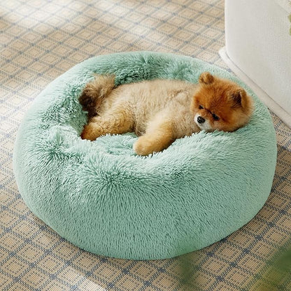 Bedsure Calming Dog Bed for Small Dogs - Donut Washable Small Pet Bed, 23 inches Anti-Slip Round Fluffy Plush Faux Fur Large Cat Bed, Fits up to 25 lbs Pets, Apple Green