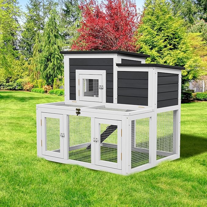 37.8" L Rabbit Hutch Outdoor,UV-Proof Home for Chickens, Ducks,Bunnies & Guinea Pigs，2-Story Pet House Indoor Bunny Hideout with Ventilation Door，Weatherproof Asphalt Roof for Garden Backyard (Grey)