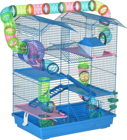 PawHut 18.5" 5 Tier Hamster Cage with Tubes and Tunnels, Small Animal Cage, Rat Gerbil Cage with Water Bottle, Food Dish, Exercise Wheel, Blue