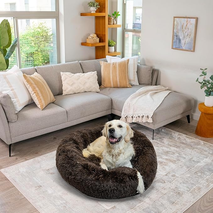 Best Friends by Sheri Original Calming Donut Dog and Cat Bed, Shag Faux Fur, Dark Brown, (36in x 36in) - Anxiety Relief for Pets Up to 100 lbs