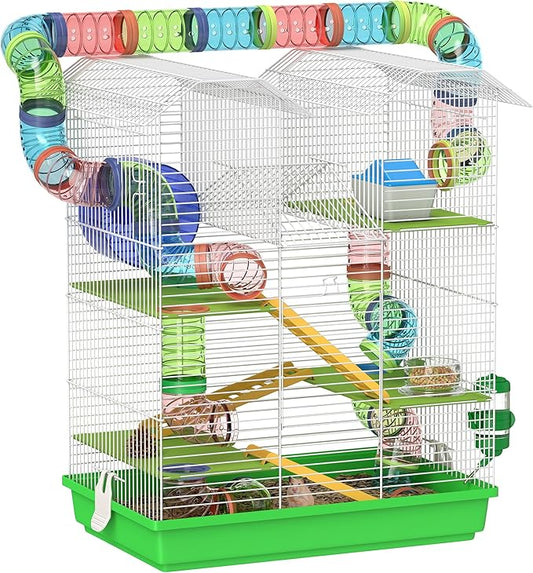PawHut 18.5" 5 Tier Hamster Cage with Tubes and Tunnels, Small Animal Cage, Rat Gerbil Cage with Water Bottle, Food Dish, Exercise Wheel, Green
