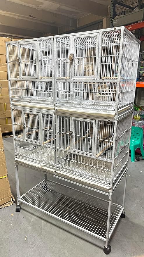1/2/3-Combo Stacker Center Divided Breeder Breeding Bird Flight Double Rolling Cage for Aviaries Canaries Cockatiels Lovebirds Finches Budgies Small Parrots (White Vein, Two Stacker)