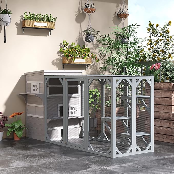 PawHut 3-Story Cat House Feral Cat Shelter, Outdoor Kitten Condo with Raised Floor, Asphalt Roof, Escape Doors, Jumping Platforms, Gray