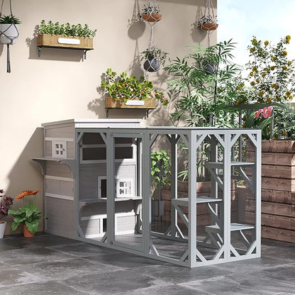 PawHut 3-Story Cat House Feral Cat Shelter, Outdoor Kitten Condo with Raised Floor, Asphalt Roof, Escape Doors, Jumping Platforms, Gray