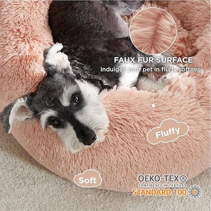 Bedsure Calming Dog Bed for Small Dogs - Donut Washable Small Pet Bed, 23 inches Anti-Slip Round Fluffy Plush Faux Fur Large Cat Bed, Fits up to 25 lbs Pets, Pink
