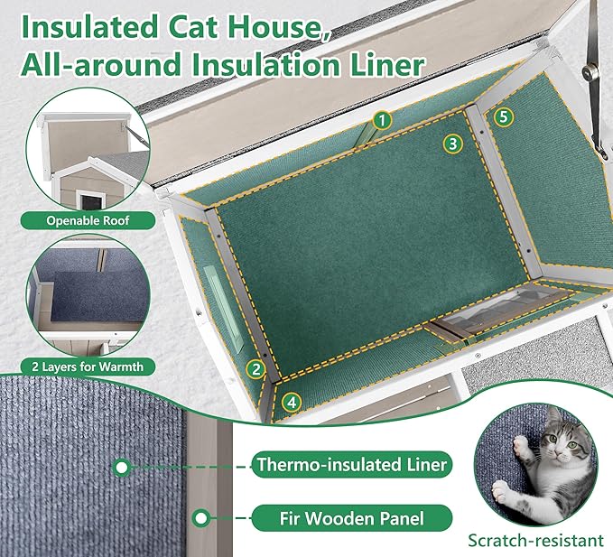 Insulated Cat House Weatherproof Outdoor Feral Cats Shelter Warm Home for Winter Indoor Cat Condo Elevated 8.3" Platform Balcony Waterproof Roof for1-3 Community Cats Small Pets