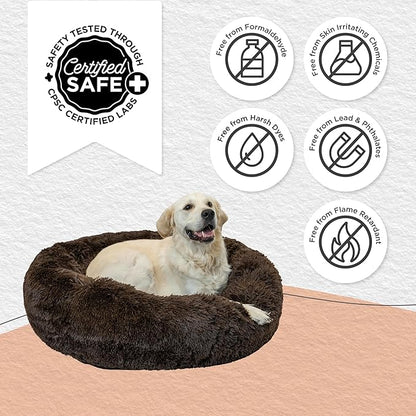 Best Friends by Sheri Original Calming Donut Dog and Cat Bed, Shag Faux Fur, Dark Brown, (36in x 36in) - Anxiety Relief for Pets Up to 100 lbs