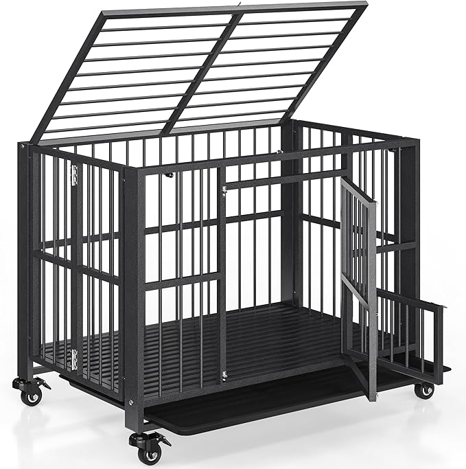 Polar Aurora Heavy Duty Dog Crate, Foldable Indestructible Dog Kennel, Escape Proof Extra Large Dog Cage with Lockable Wheels, High Anxiety Pet Playpen with Double Door for Indoor/Outdoor Use. (38in)