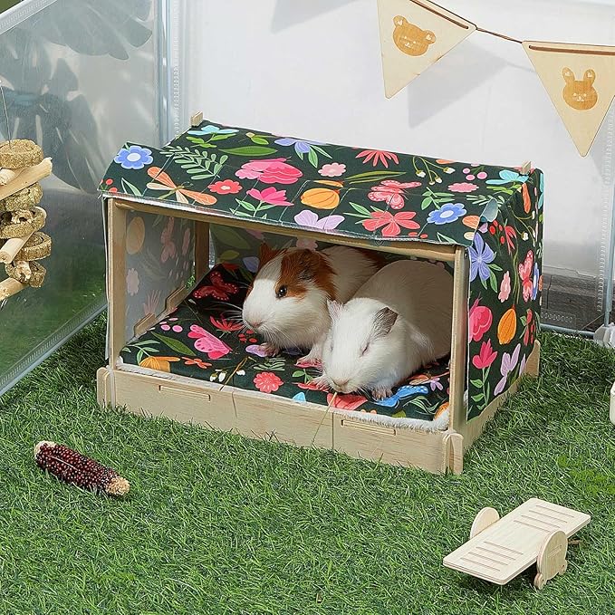 Guinea Pig Hideout, Wooden Guinea Pig Bed with Waterproof Mat, Durable Rabbit Bed with Door Curtain for Guinea Pig, Rabbit, Ferret, Squirrel, Bunny