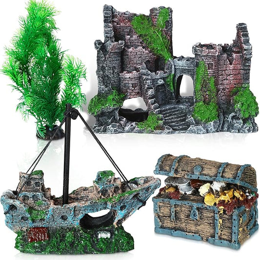 Wenqik Aquarium Decorations Large, Resin Sunken Shipwreck, Undersea Treasure Chest, Ancient Castle Ruins Tunnel House, Simulated Artificial Water Plants, Fish Shrimp Cave Hide for Fish Tank, Safe