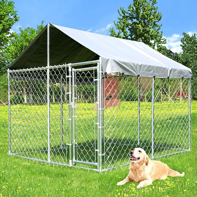 10'x10'x6.56' Large Outdoor Dog Kennel with Roof, Heavy Duty Outside Dog Run Enclosure Dog Pen House Pet Playpen with Galvanized Chain Link, Lockable Door, Waterproof Cover, for Small and Large Dogs