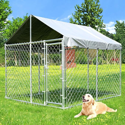 10'x10'x6.56' Large Outdoor Dog Kennel with Roof, Heavy Duty Outside Dog Run Enclosure Dog Pen House Pet Playpen with Galvanized Chain Link, Lockable Door, Waterproof Cover, for Small and Large Dogs