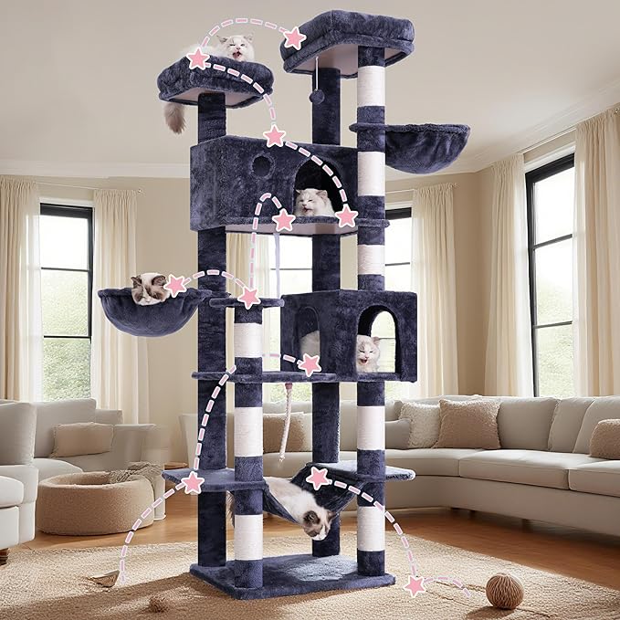 80.7''(205cm) Cat Tree for Indoor Cats, Large Cat Tower for Multi Adult Cats, Cat Tree House with Big Hammock, 2 Top Perches/Cat Condos/Baskets, 8 Scratching Posts, Smoky Gray GCT034G