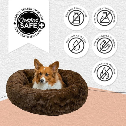 Best Friends by Sheri Original Calming Donut Dog and Cat Bed, Lux Faux Fur, Dark Brown, (30in x 30in) - Anxiety Relief for Pets Up to 45 lbs