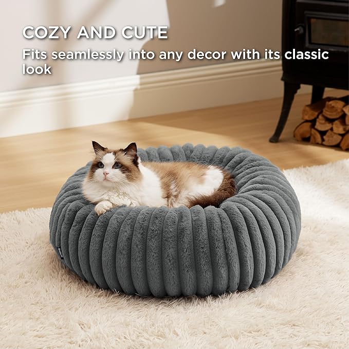 Bedsure Cat beds for Indoor Cats - Donut Dog Beds for Small Dogs with Corduroy Fleece & Anti Slip Bottom, Faux Fur Pet Beds with Washable Removable Cover, Warm Grey, 20x20x6 inches